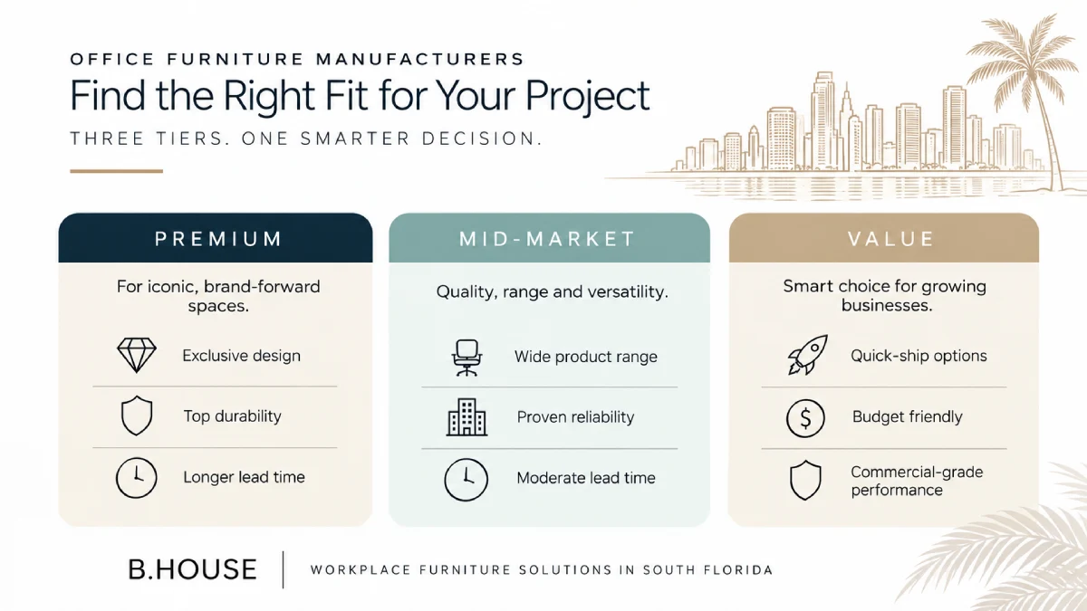 Office furniture manufacturers comparison infographic showing Premium, Mid-Market, and Value tiers, with key differences in design, durability, lead times, product range, and pricing for commercial office furniture.